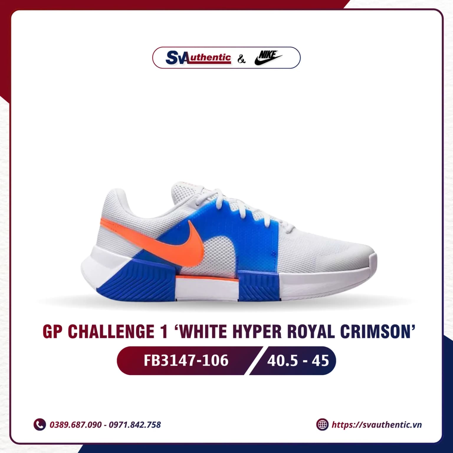 Giày Tennis Pickleball Nike Zoom GP Challenge 1 White Hyper Royal Crimson Chính Hãng (FB3147-106)