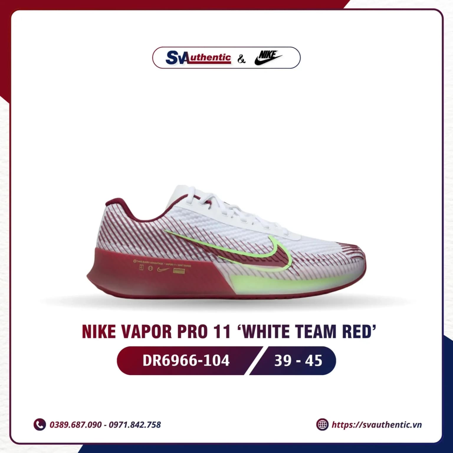 Giày Tennis Pickleball Nike Court Air Zoom Vapor Pro 11 ‘White Team Red’ chính hãng (DR6966-104)