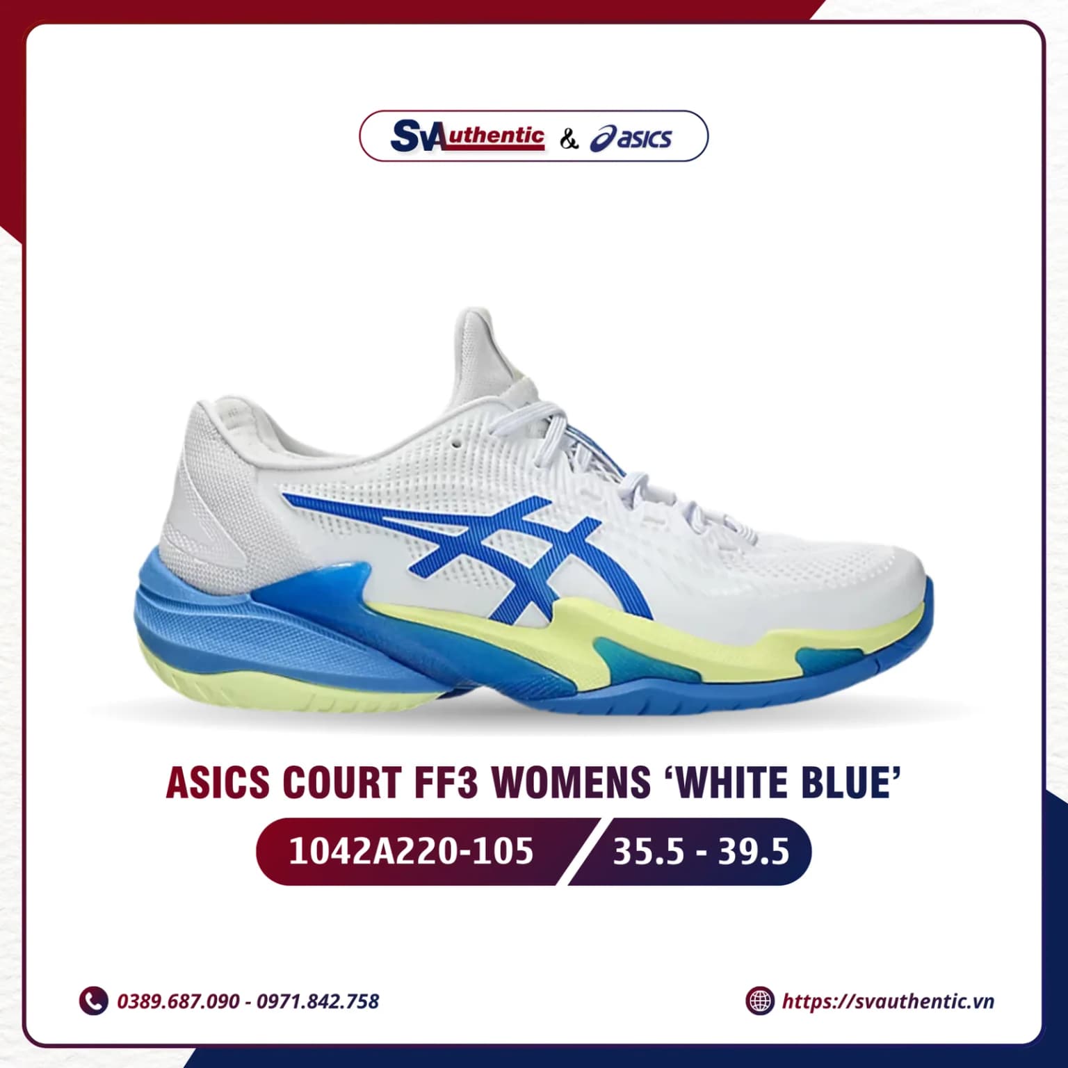 Giày Tennis Pickleball Nữ ASICS COURT FF3 White Blue (1042a220-105)