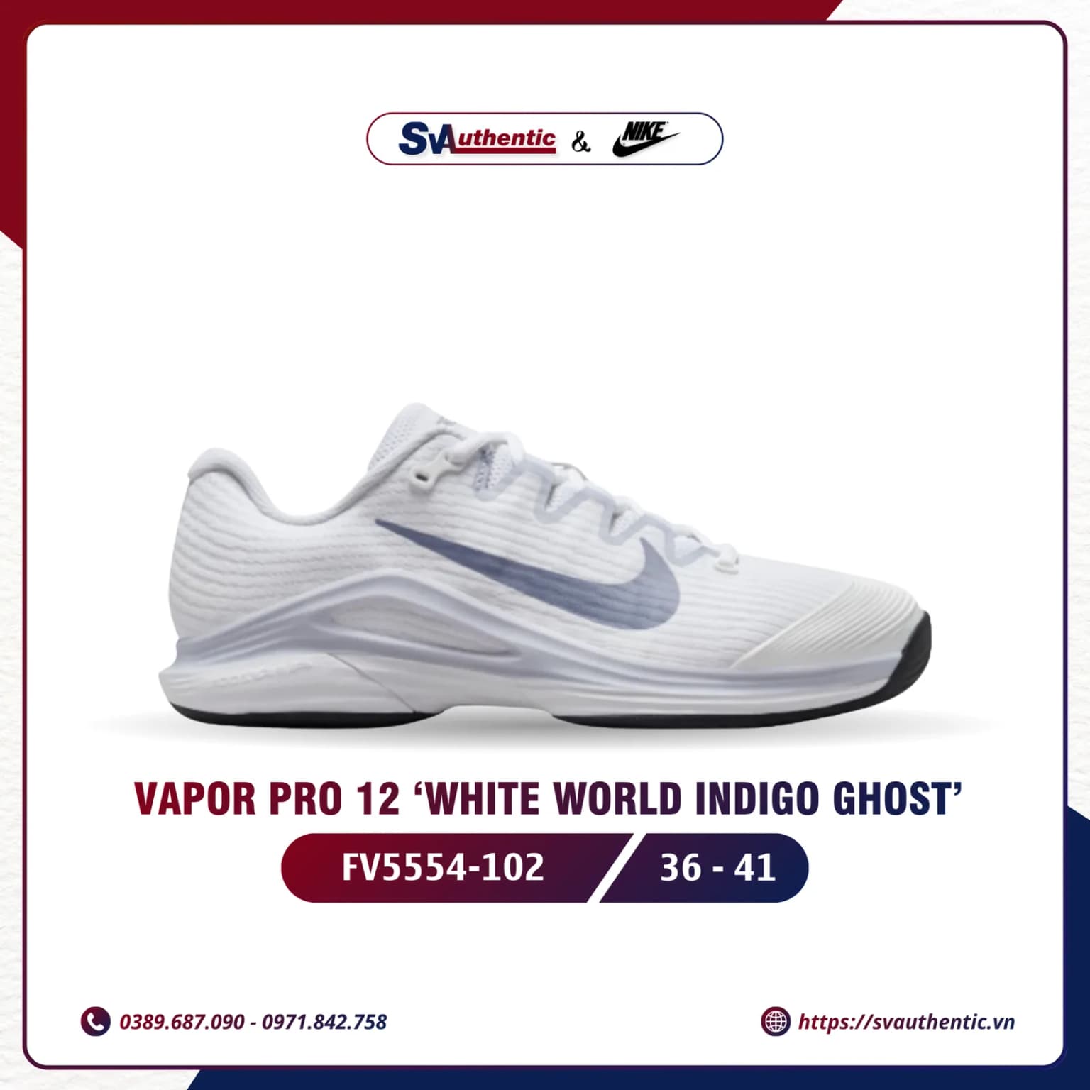 Giày Tennis Pickleball Nike Air Zoom Vapor 12 HC White World Indigo Ghost Chính Hãng (FV5554-102)