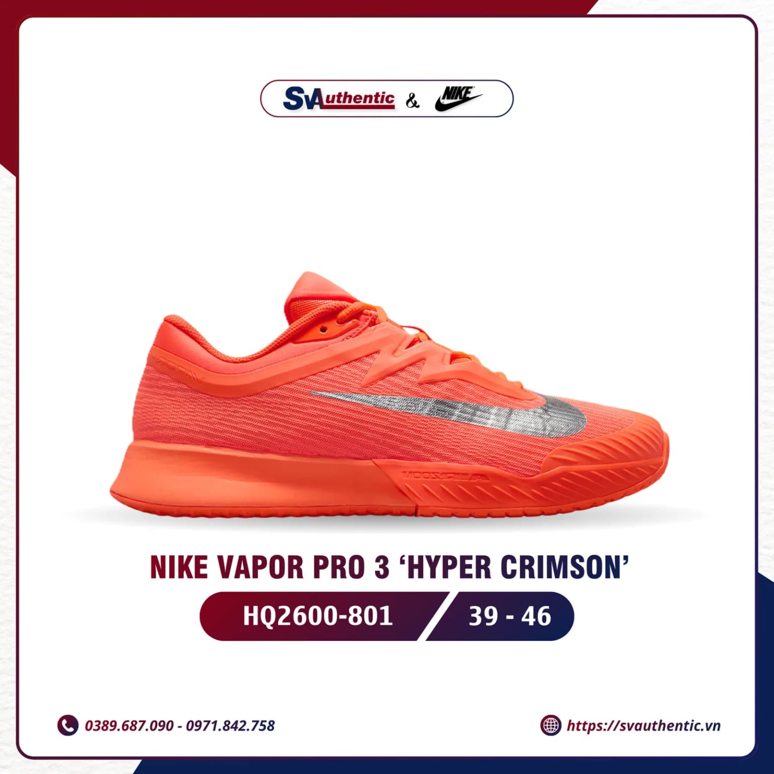 Giày Tennis Pickleball Nike Vapor Pro 3 Premium Hyper Crimson Chính Hãng (HQ2600-801)