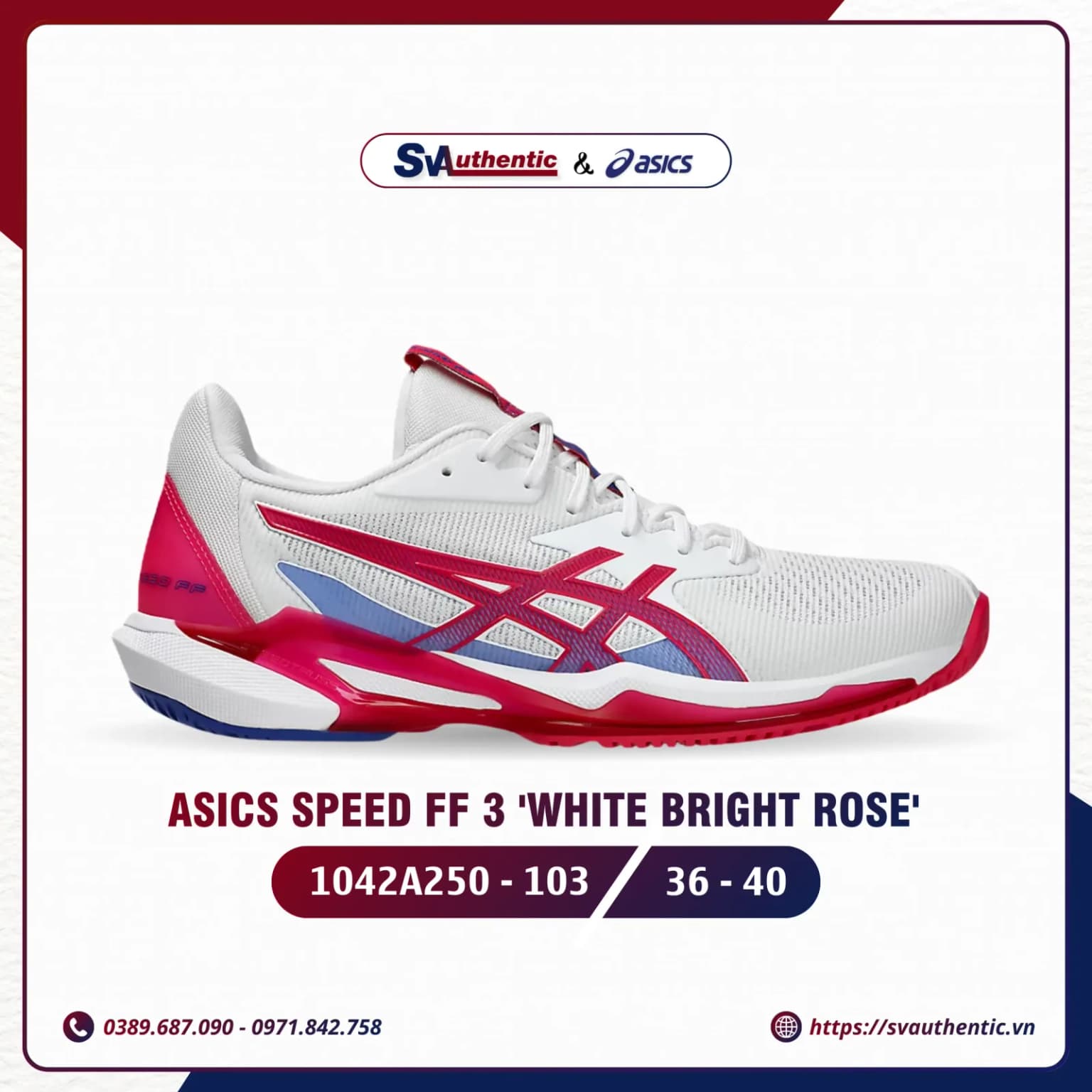 Giày Tennis Pickleball Nữ Asics Solution Speed FF 3 White Bright Rose (1042A250-103 )