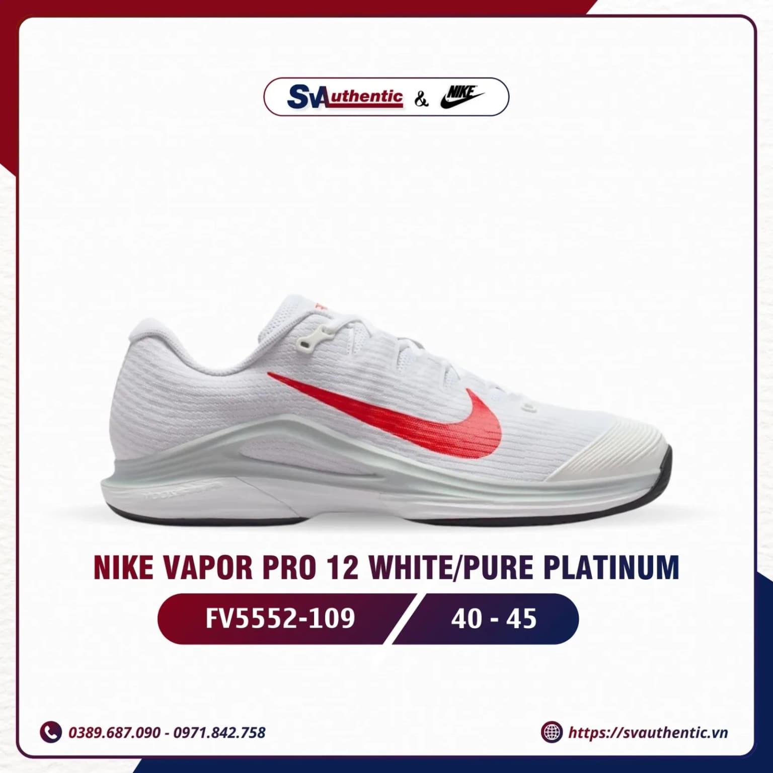 Giày Tennis Pickleball Nam Nike Vapor Pro 12 White / Pure Platinum (FV5552-109)