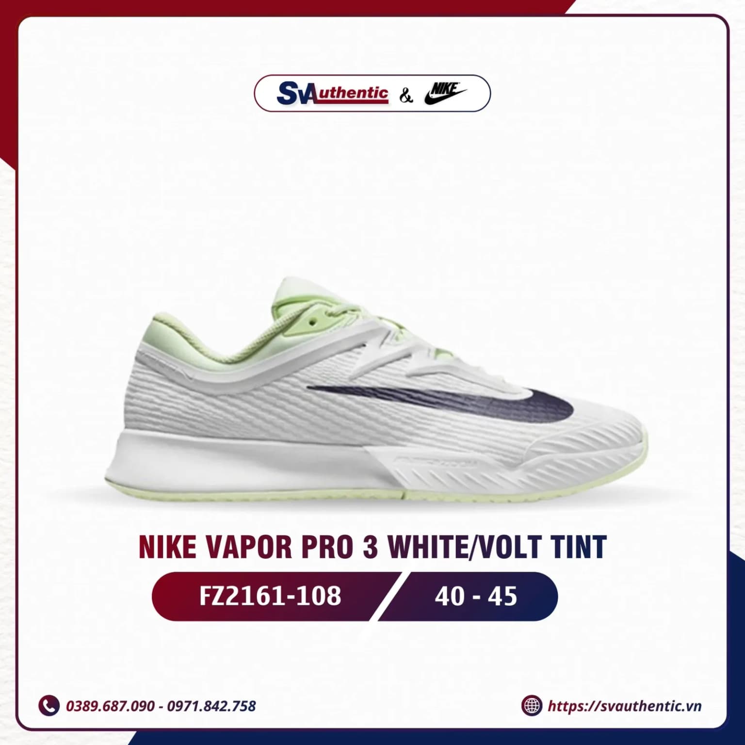 Giày Tennis Pickleball Nam Nike Vapor Pro 3 White / Volt Tint (FZ2161-108)