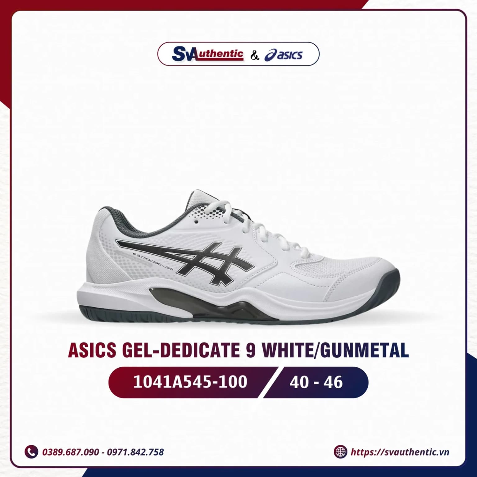 Giày Tennis Pickleball Nam ASICS Gel-Dedicate 9 White / Gunmetal (1041A545-100)