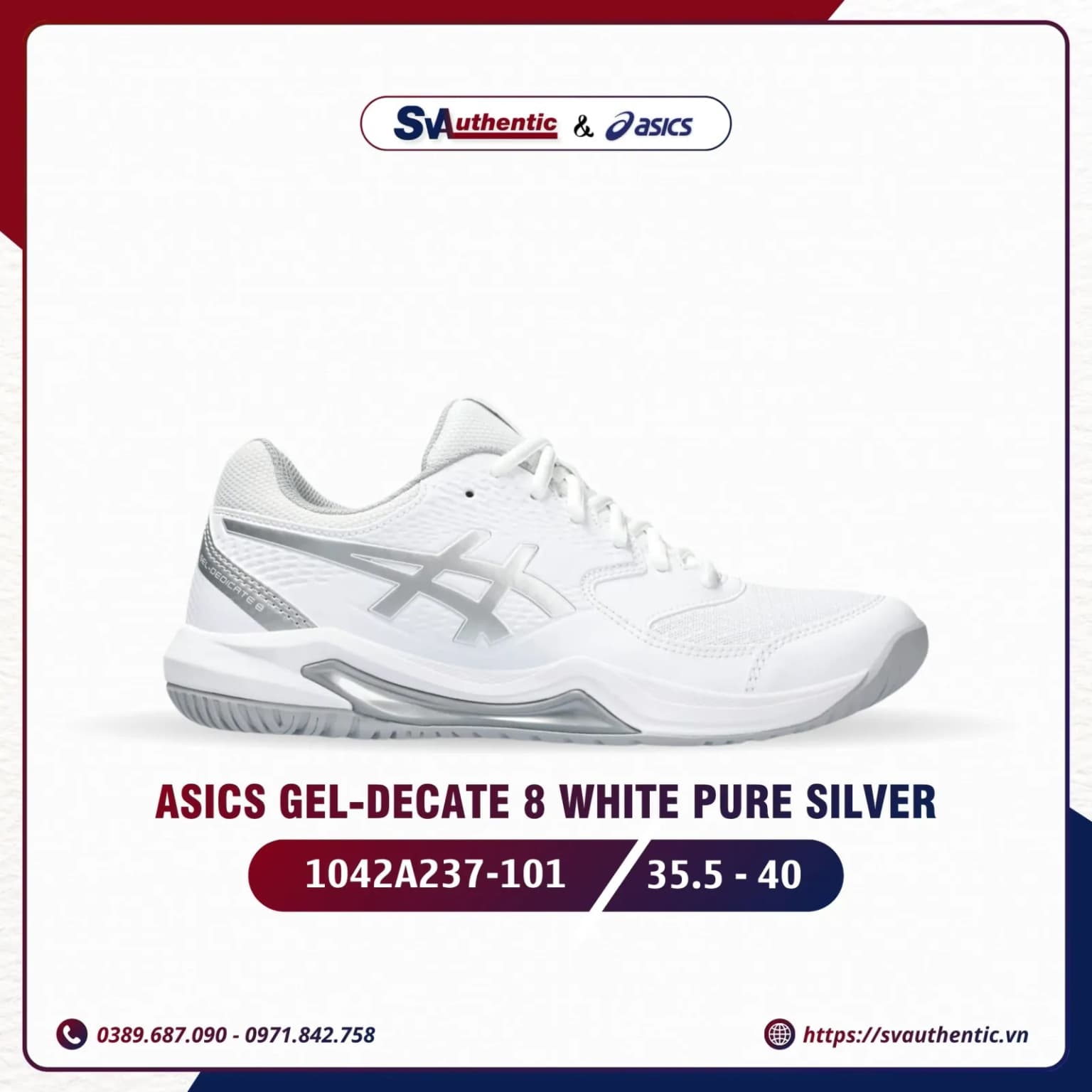 Giày Tennis Pickleball Nữ ASICS Gel-Dedicate 8 White / Pure Silver (1042A237-101)