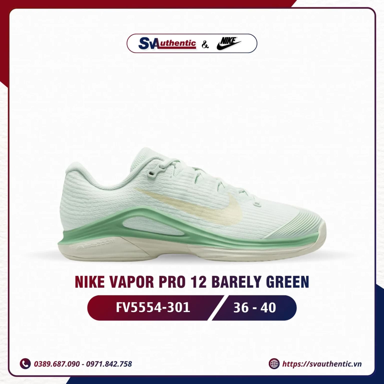 Giày Tennis Pickleball Nữ NIKE Vapor Pro 12 Barely Green (FV5554-301)
